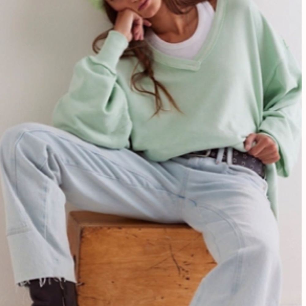 We The Free Venice V-Neck Sweatshirt Mint Ivy Oversized Size Small